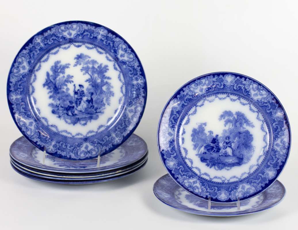 SEVEN WATTEAU PATTERN FLOW BLUE PLATES