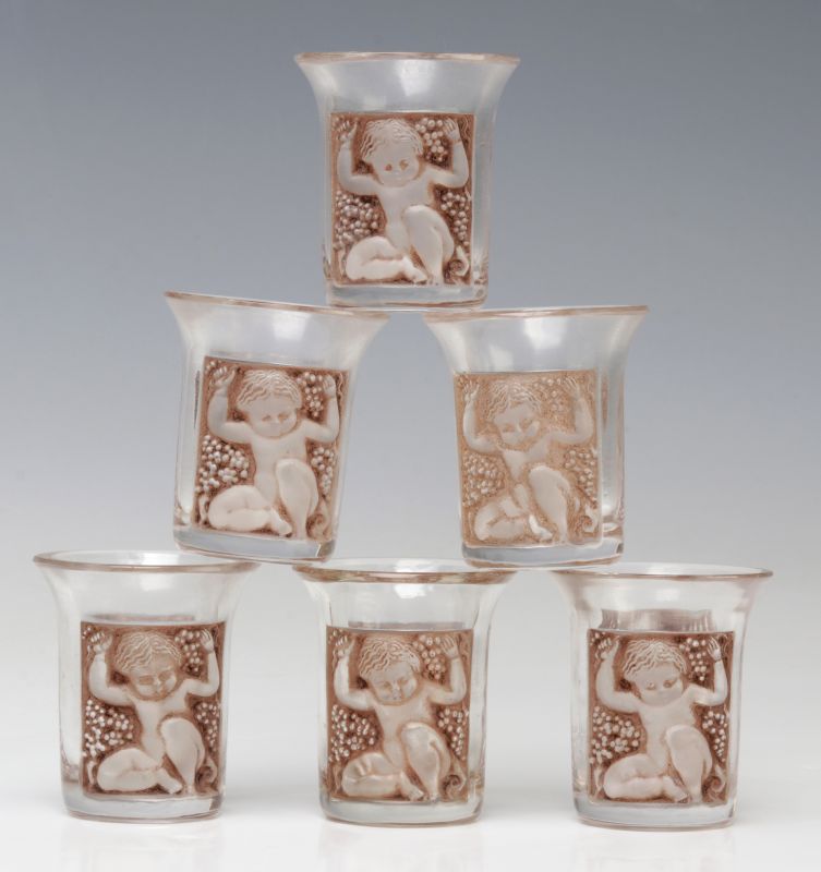 SIX LALIQUE 'ENFANTS' FRENCH CRYSTAL SHOT GLASSES