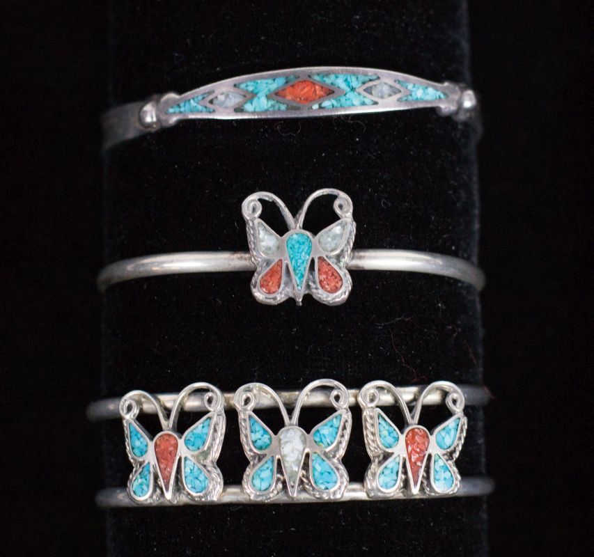 THREE ZUNI STERLING INLAY BRACELETS