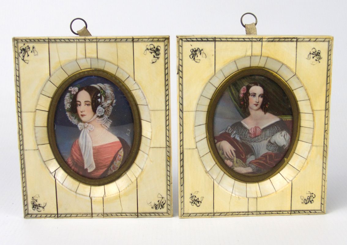 TWO MINIATURE PAINTINGS OF LADIES IN 1930S GARB