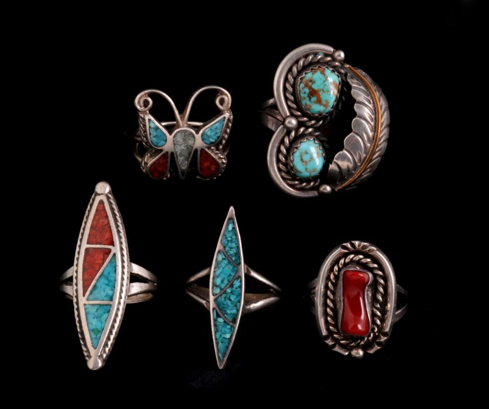 FIVE NAVAJO AND ZUNI STERLING RINGS