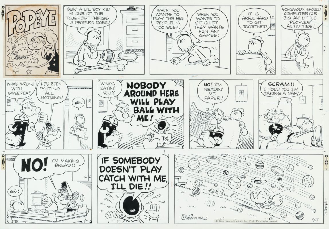 BUD SAGENDORF ORIGINAL INK POPEYE COMIC STRIP 1969