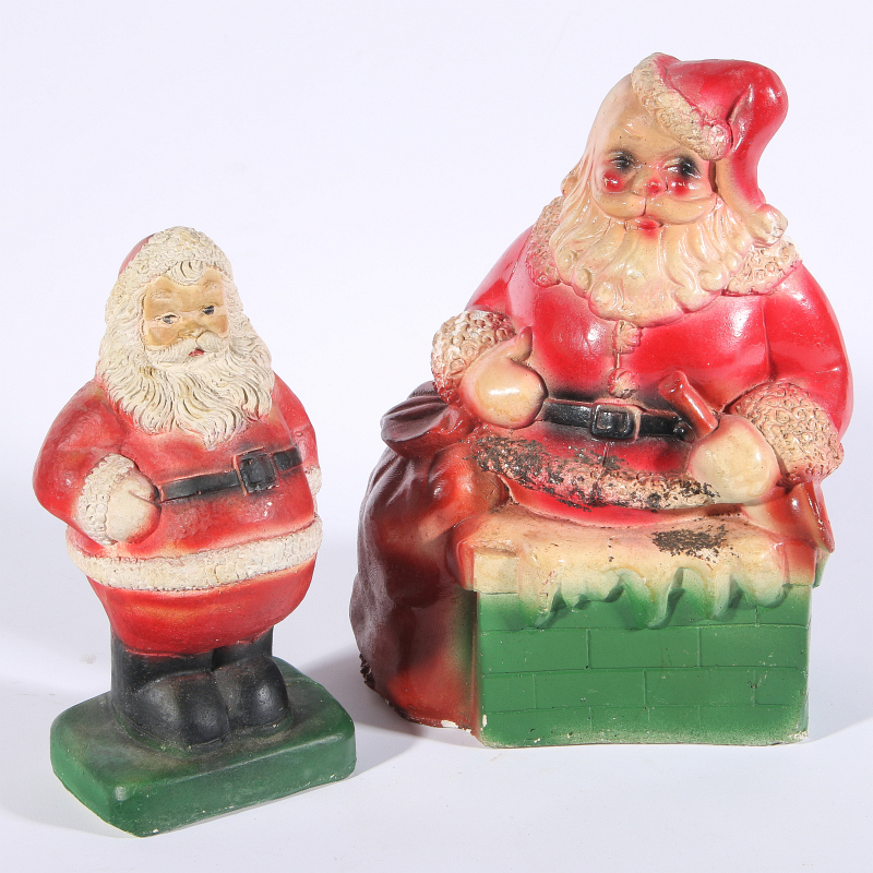 TWO VINTAGE PAINTED CHALK SANTA CLAUS BANKS