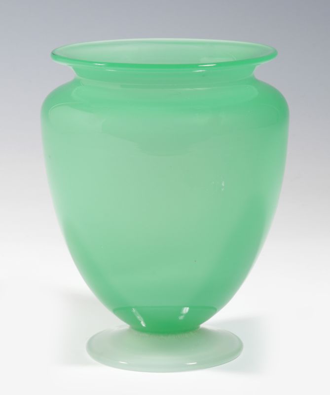 A STEUBEN  JADE GLASS VASE WITH ALABASTER FOOT