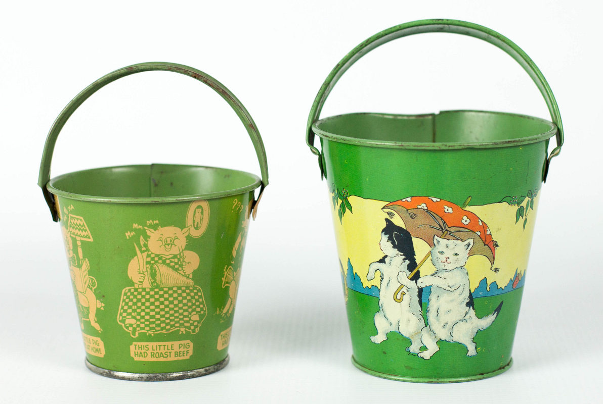 A PAIR OF MINI TIN LITHO SAND PAILS 