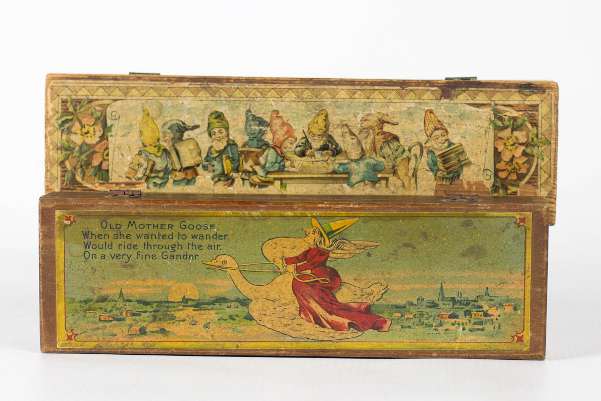 PAIR OF ANTIQUE FAIRY TALE MOTIF PENCIL BOXES