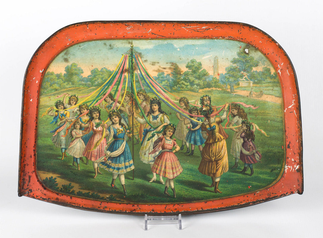 A TIN LITHO HIGH CHAIR TRAY, MAY DAY CELEBRATION