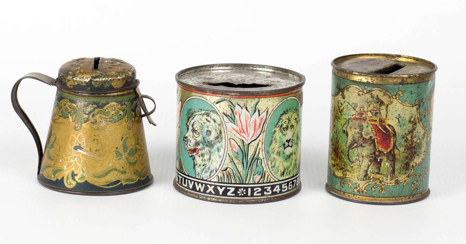 THREE ANTIQUE TIN LITHO BANKS