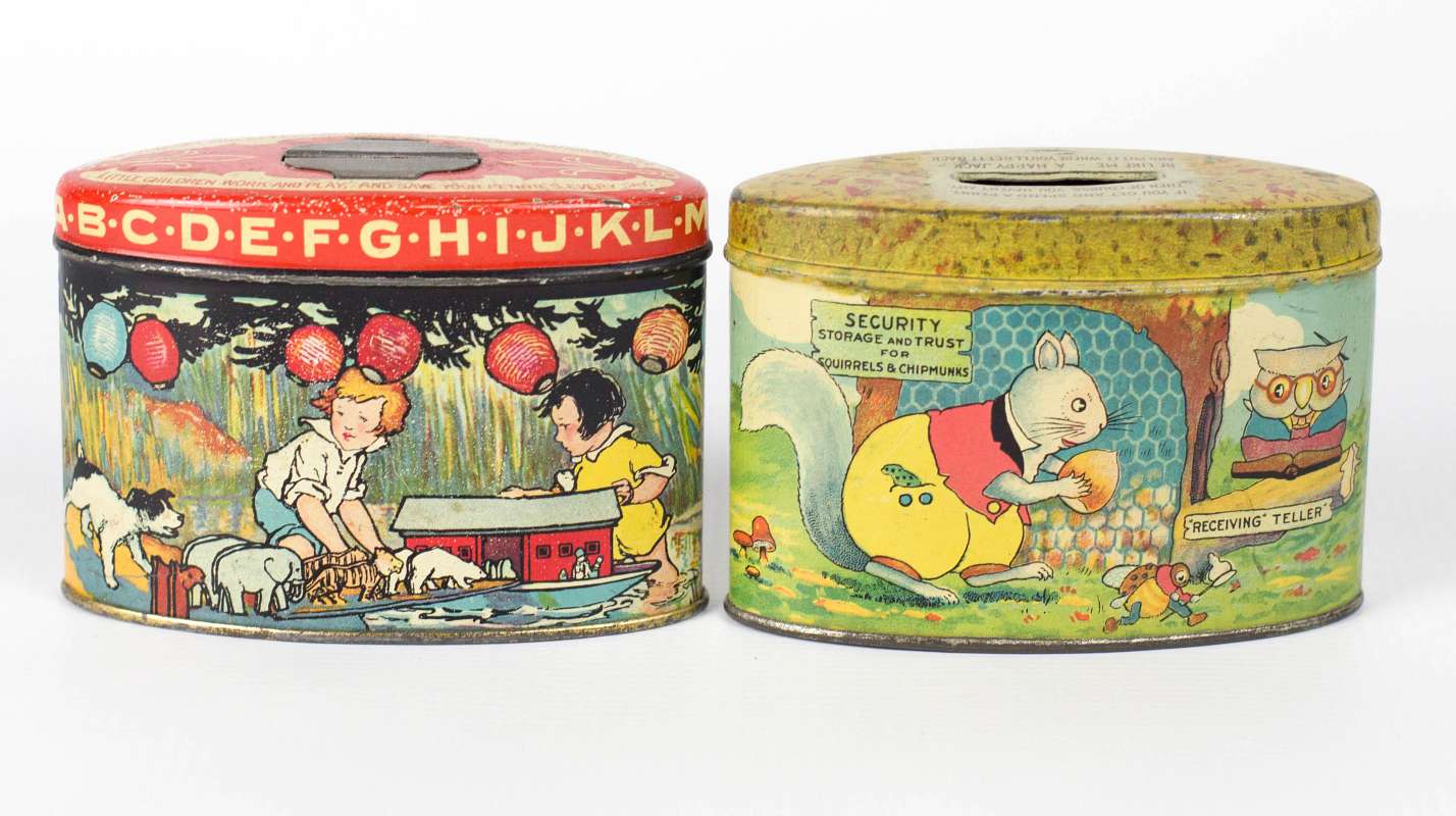 TWO CHILDREN'S TIN LITHO BANKS