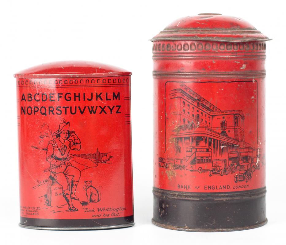 TWO ENGLISH TIN LITHO BANKS