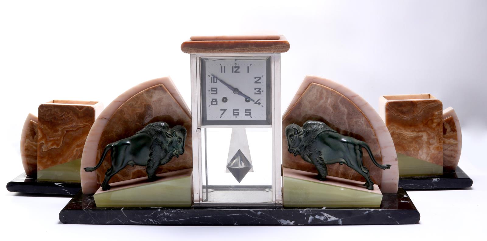 AN UNUSUAL FRENCH ART DECO CLOCK SET WITH BUFFALO