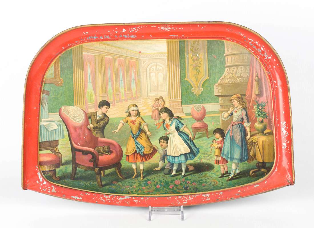 A TIN LITHO HIGH CHAIR TRAY, BLIND MAN'S BLUFF