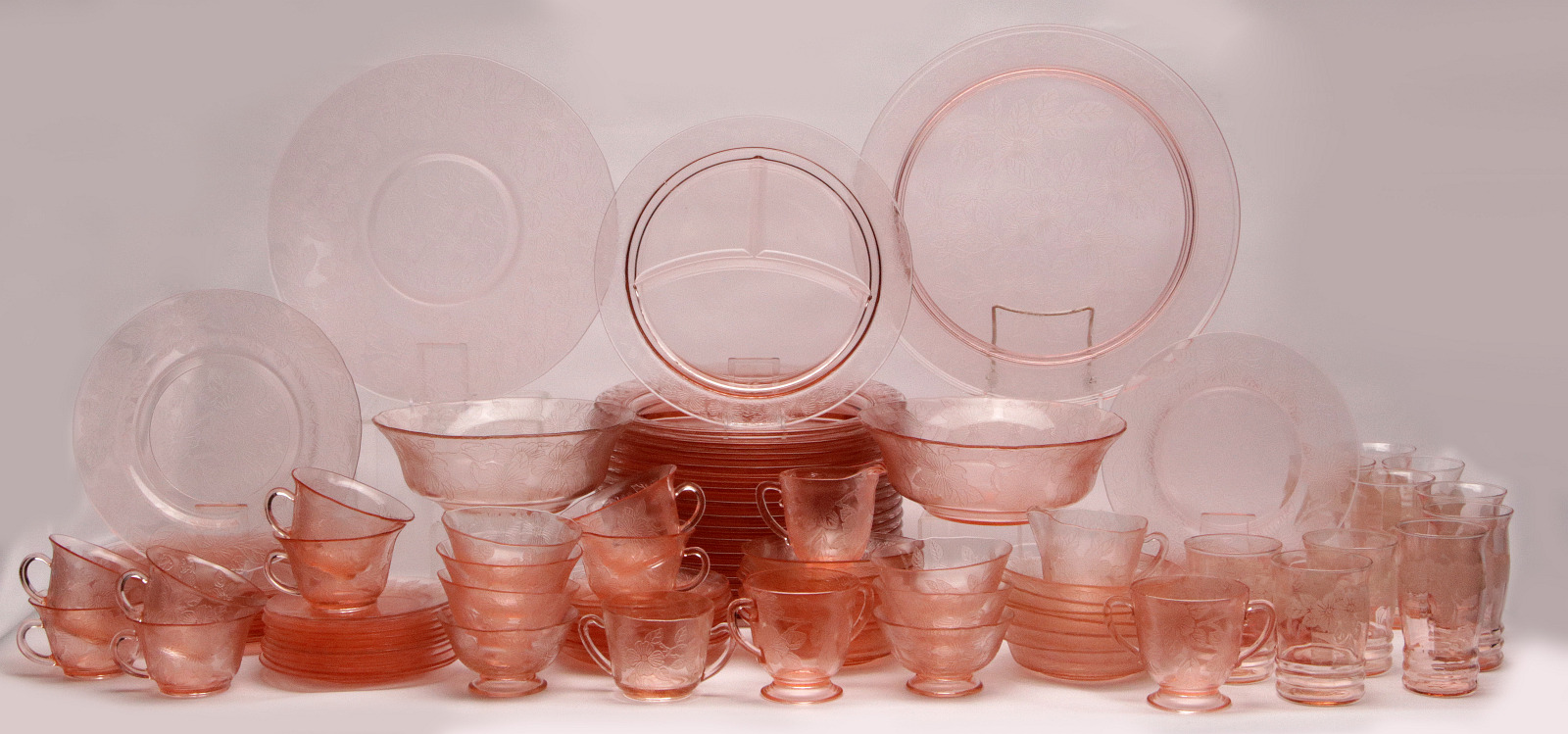 NINETY-NINE PCS 'DOGWOOD' PINK DEPRESSION GLASS 