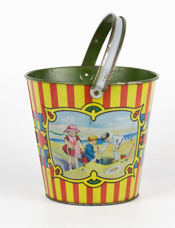 A CHILD'S TIN LITHO SAND PAIL w/ BEACH SCENES