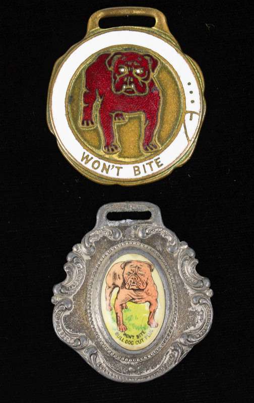 TWO BULLDOG CUT PLUG TOBACCO ADVERTISING FOBS 