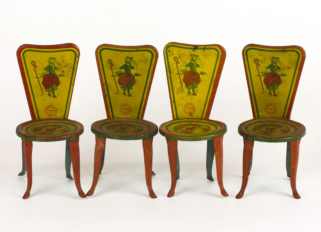 FOUR J. CHEIN & CO. TIN LITHO DOLL CHAIRS