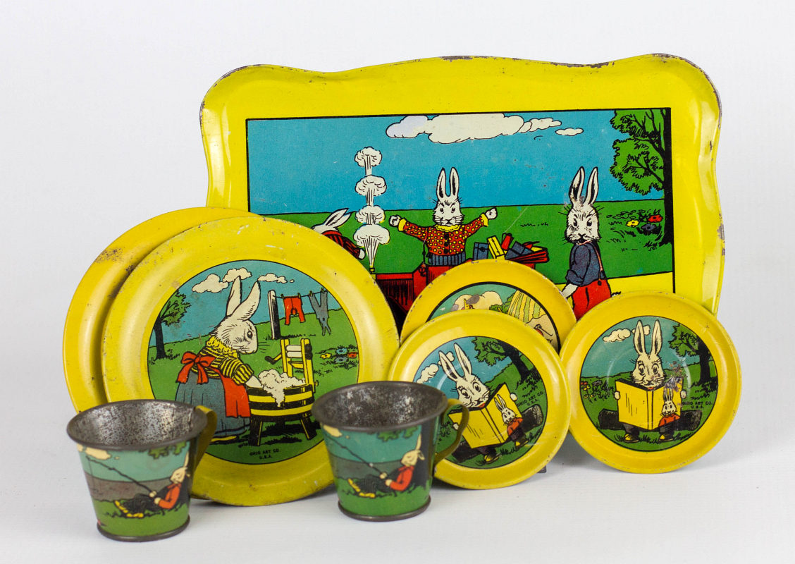 RARE OHIO ART PETER RABBIT TIN LITHO TEA SET