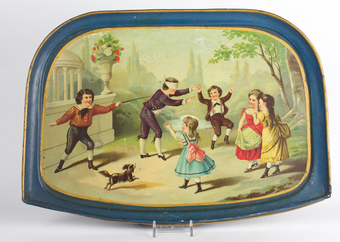 A 'BLIND MAN'S BLUFF' TIN LITHO HIGH CHAIR TRAY