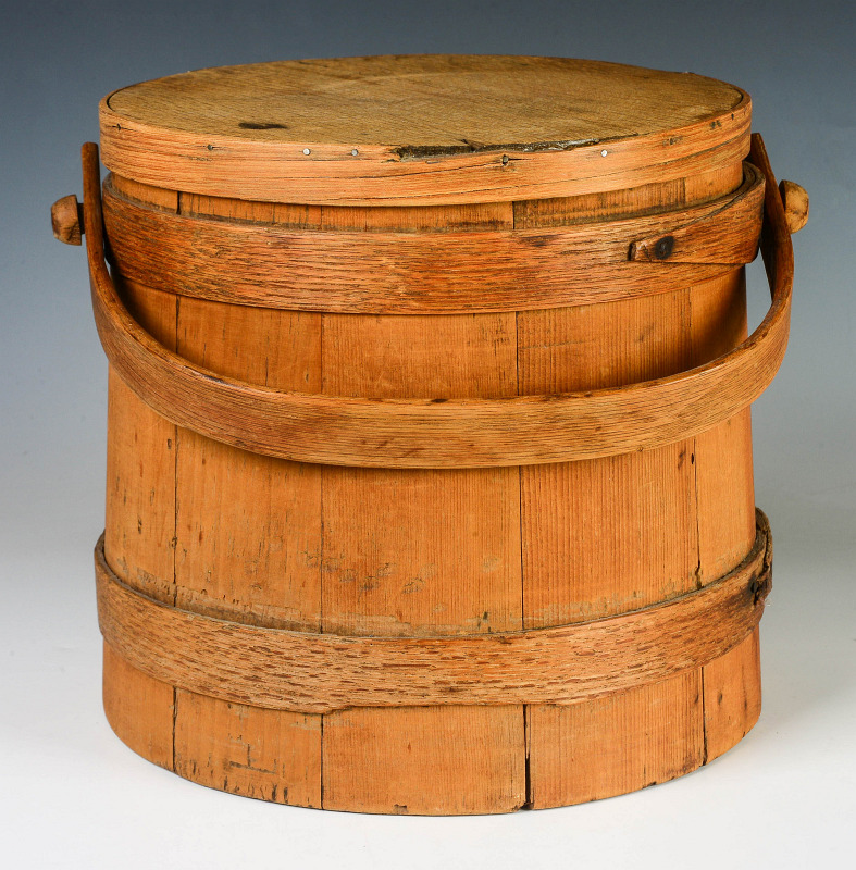 A 19TH CENTURY AMERICAN WOOD STAVE FIRKIN 