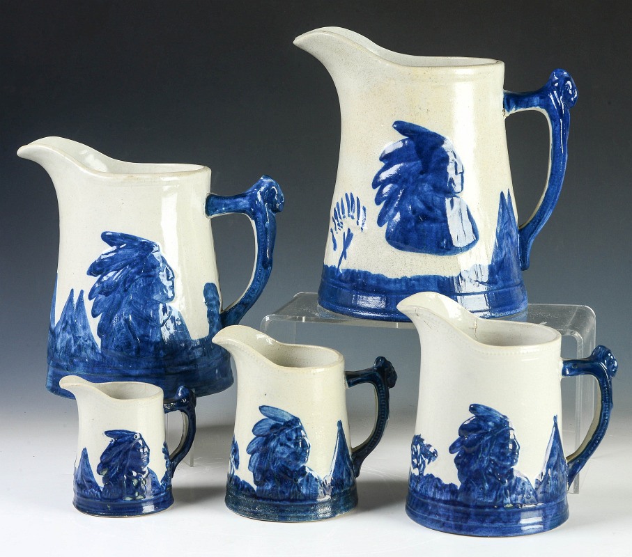 A FULL MATCH SET OF FIVE OLD SLEEPY EYE PITCHERS