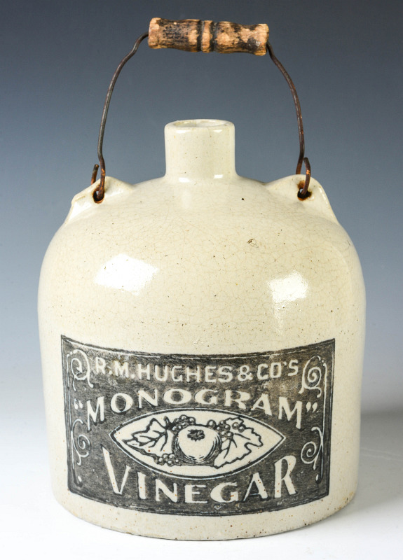 R. M. HUGHES MONOGRAM VINEGAR ADVERTISING JUG