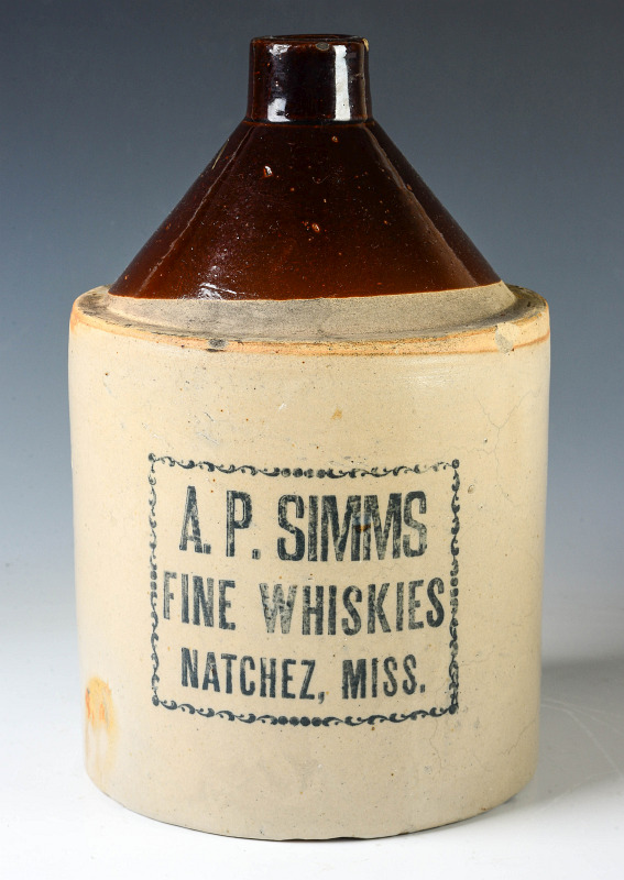 A.P. SIMMS FINE WHISKIES, NATCHEZ MISS ADVTG JUG