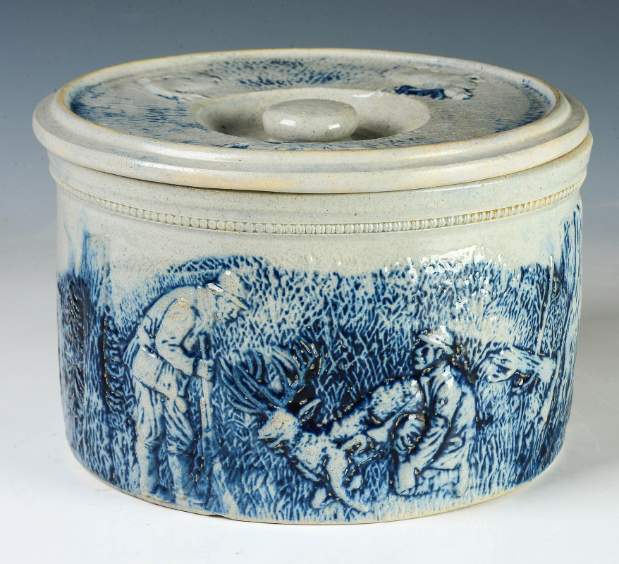 A WHITE'S UTICA DEER HUNT MOTIF BUTTER CROCK 