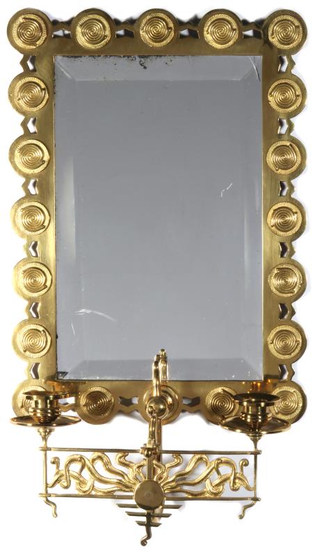 A CIRCA 1900 AESTHETIC MOVEMENT BRASS MIRROR SCONC