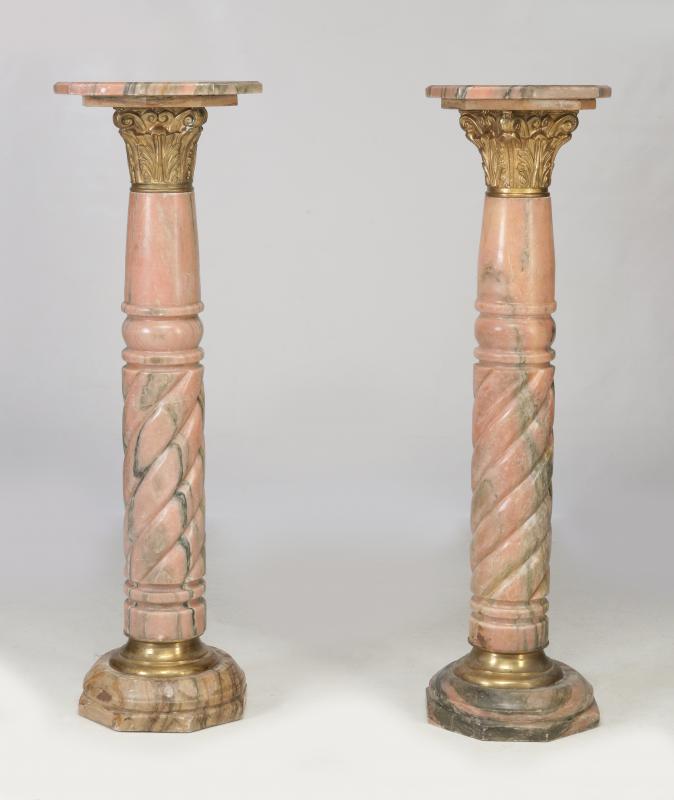 A GOOD PAIR PINK MARBLE AND BRONZE PEDESTALS