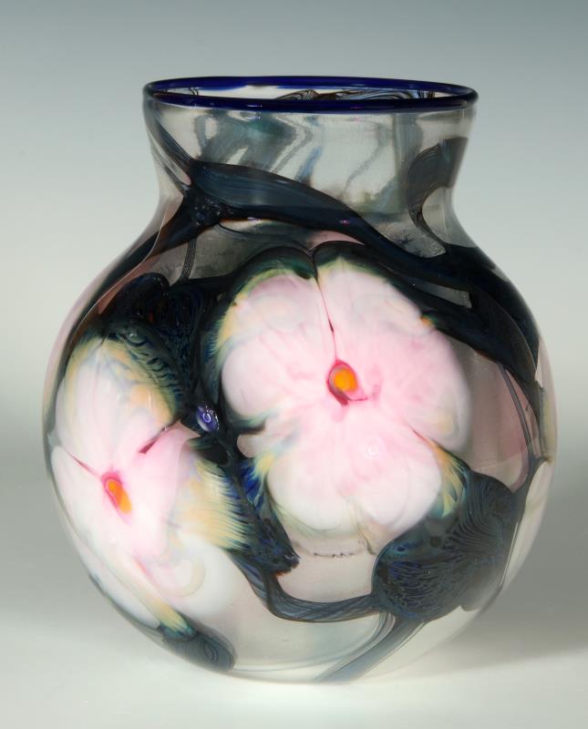 A CHARLES LOTTON MULTI FLORA ART GLASS VASE DATED 