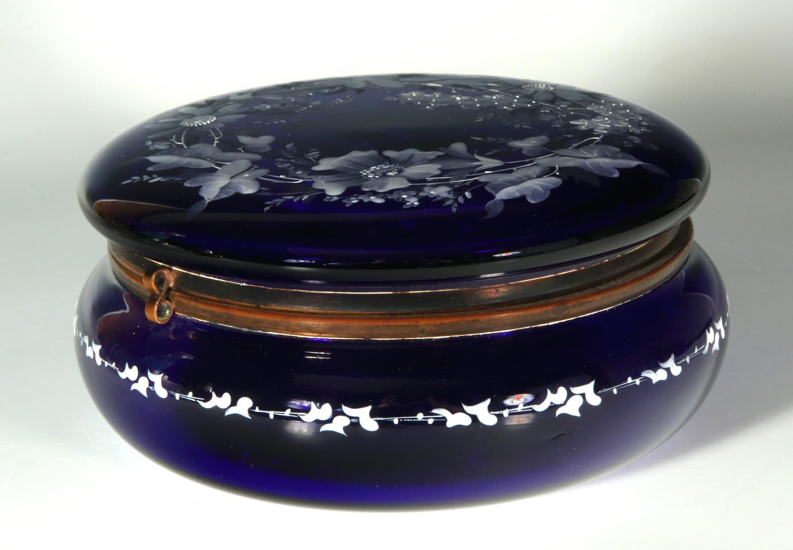 A COBALT BLUE ENAMEL DECORATED VICTORIAN ART GLASS