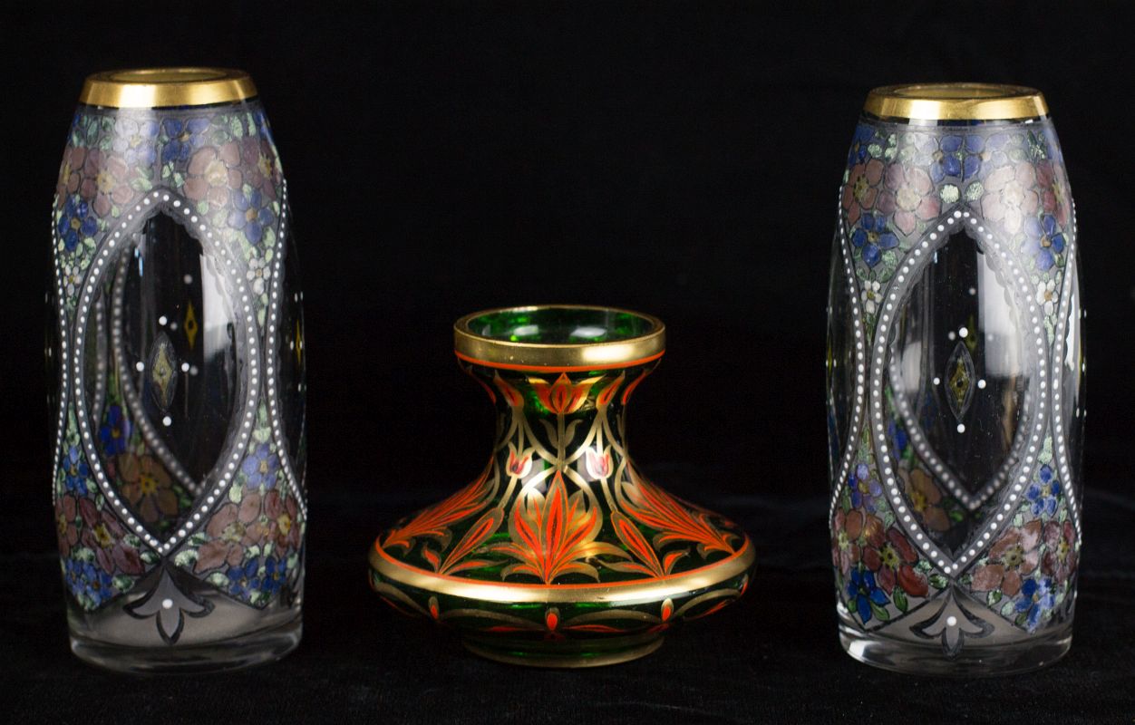 THREE ENAMELED BOHEMIAN GLASS VASES