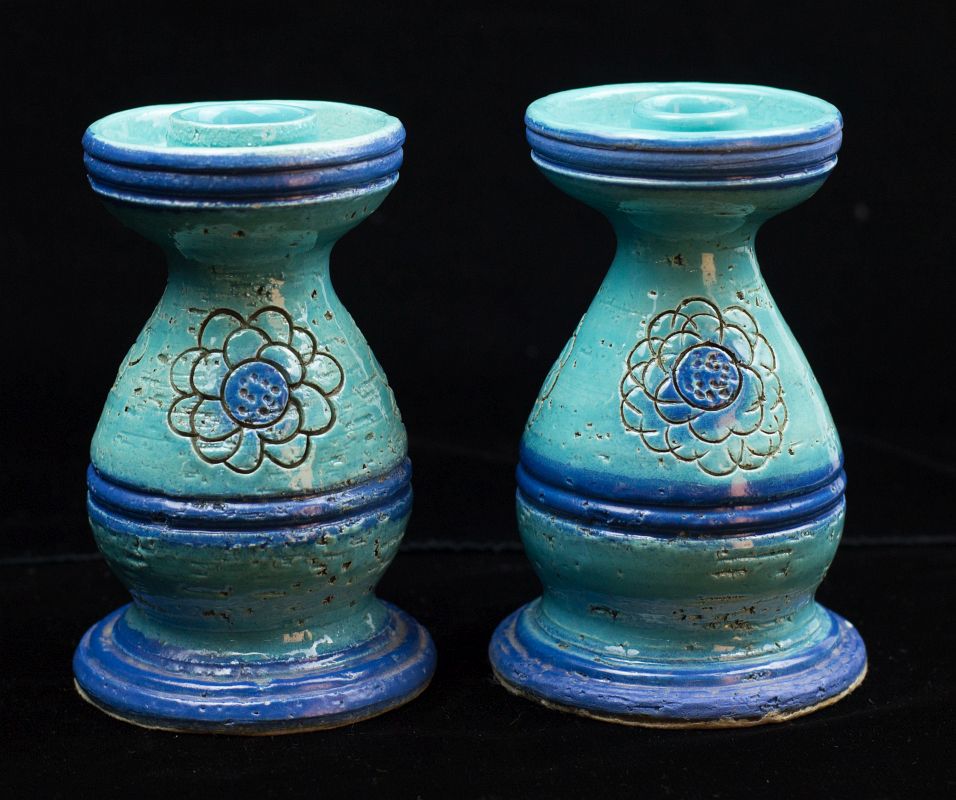 A PAIR VINTAGE ITALIAN ART POTTERY CANDLESTICKS