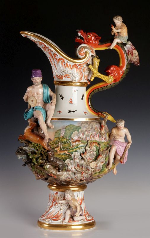 A MONUMENTAL MEISSEN PORCELAIN EWER THE ELEMENT FIRE