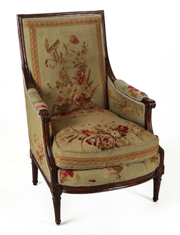 A 19TH CENTURY LOUIS XVI STYLE TAPESTRY BERGERE