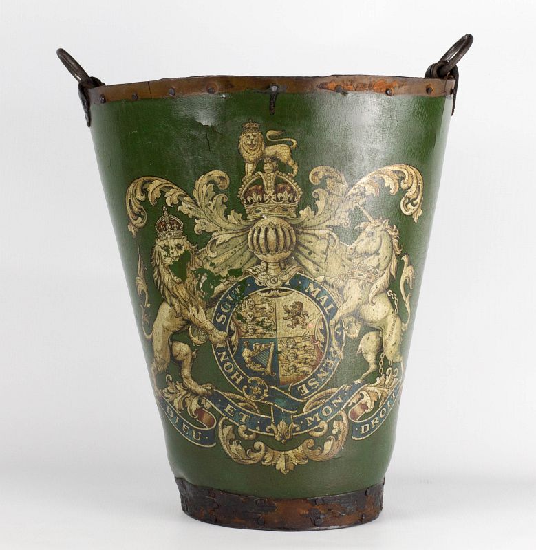 A 19THC. ENGLISH PAINTED FIBER AND LEATHER BUCKET 