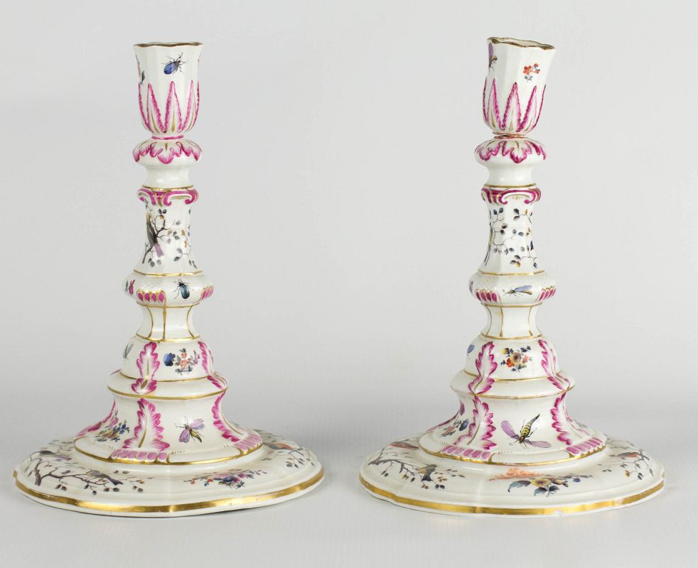 A PAIR MARCOLINI MEISSEN CANDLESTICKS WITH INSECTS