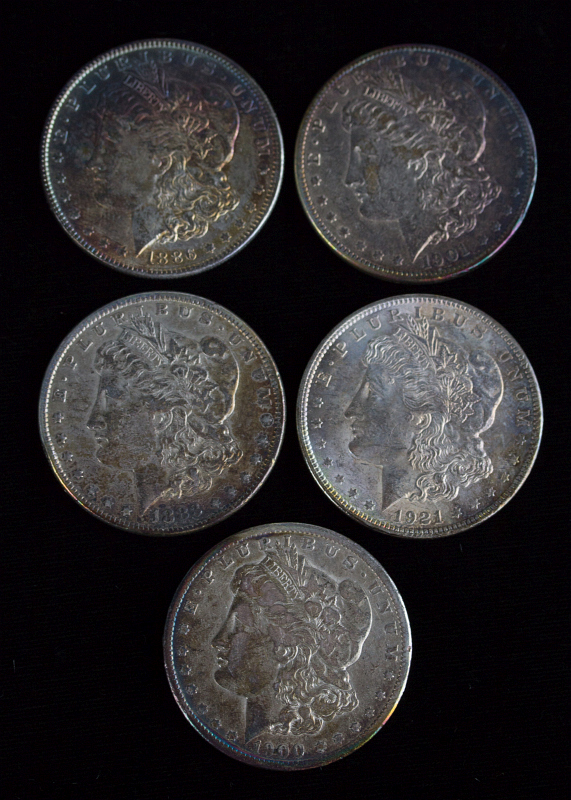 FIVE MORGAN SILVER DOLLARS 