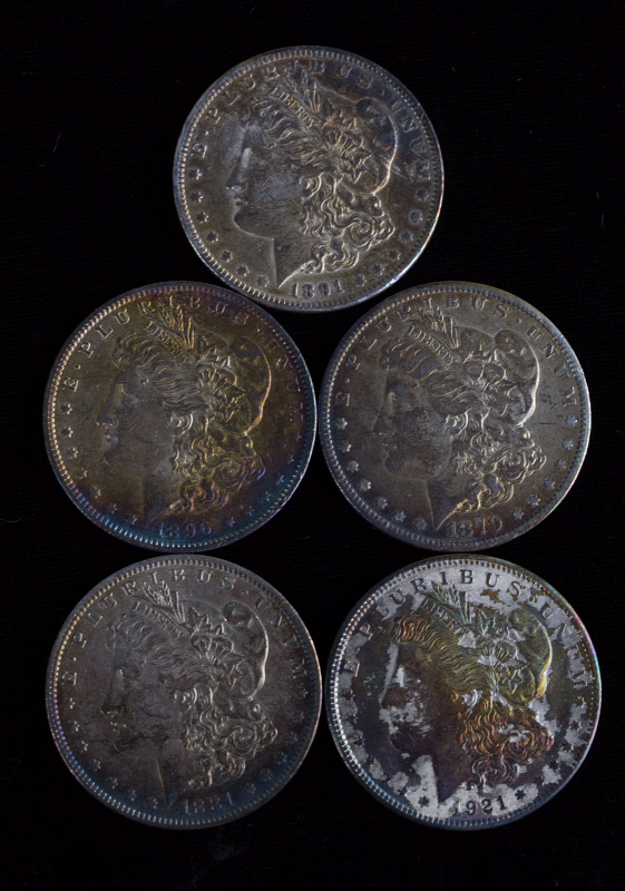 FIVE MORGAN SILVER DOLLARS