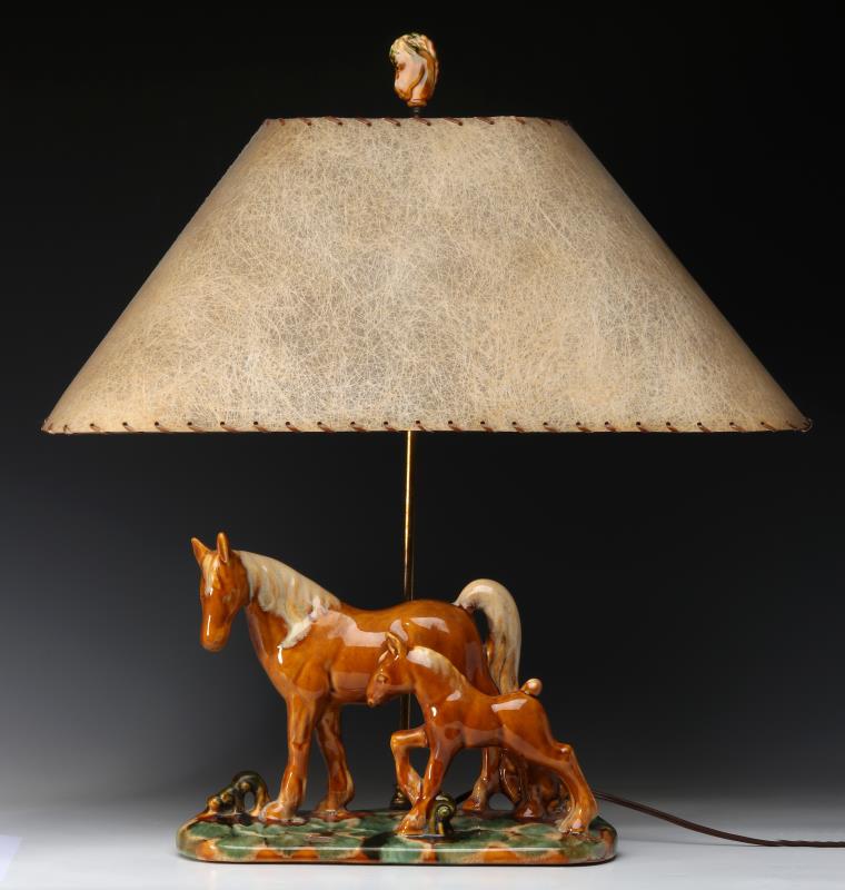 A RARE ROYAL HAEGER MARE AND FOAL FIGURAL TABLE LA