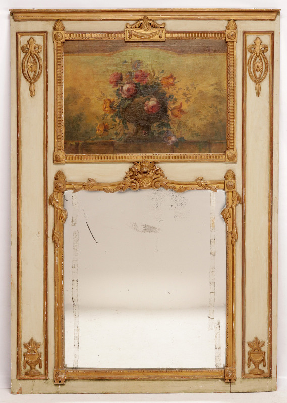 AN EARLY 19C FRENCH TRUMEAU MIRROR, CREAM W/ GOLD