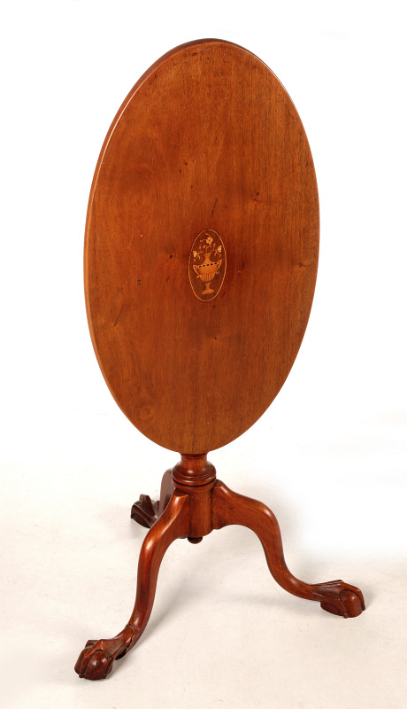 AN INLAID TILT-TOP TABLE, AS FOUND