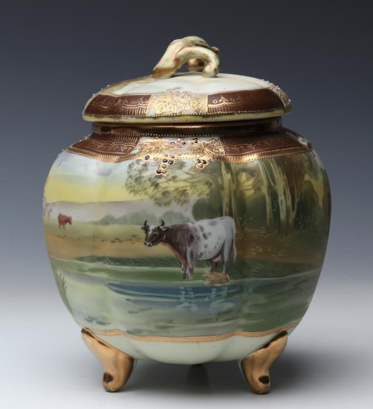 A NIPPON JEWELED PASTORAL SCENE BISCUIT JAR