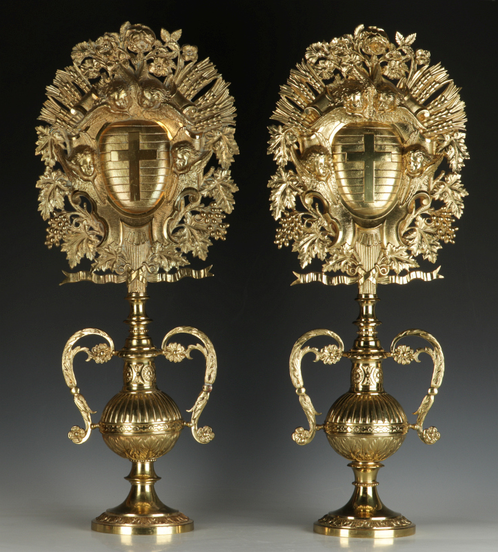 PAIR MID 20TH ECCLESIASTICAL ALTAR CANDLE SHIELDS