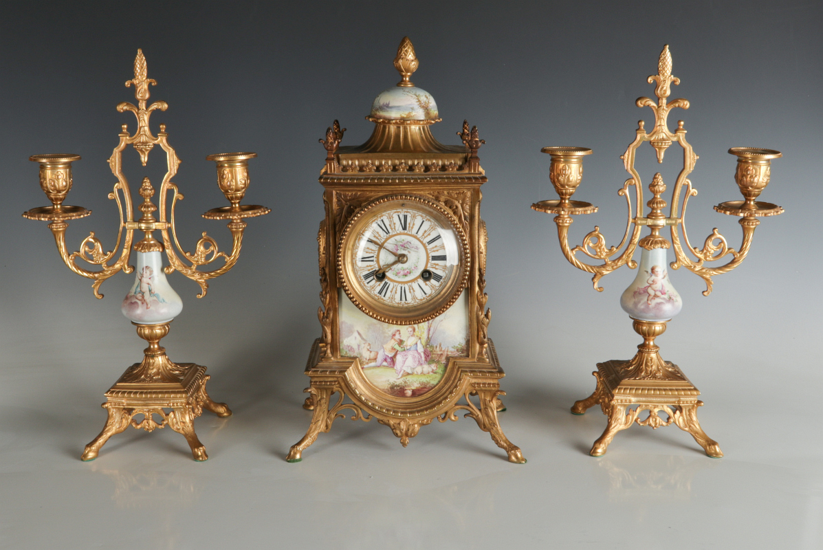 FRENCH BRONZE AND HAND PAINTED PORCELAIN CLOCK SET 