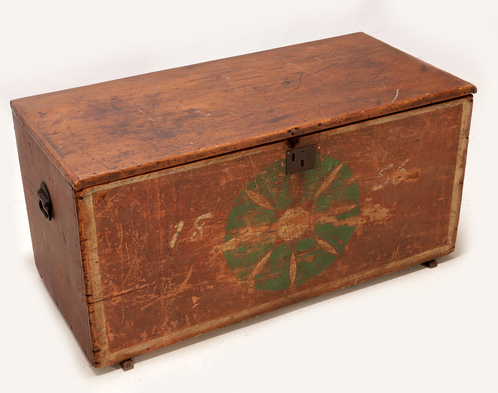 A GRAIN PAINTED SIX BOARD BLANKET CHEST DATED 1856