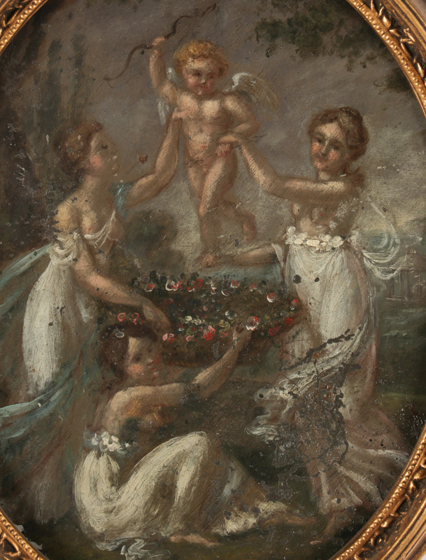 A 19THC OIL ON TIN ALLEGORICAL OF THE THREE GRACES