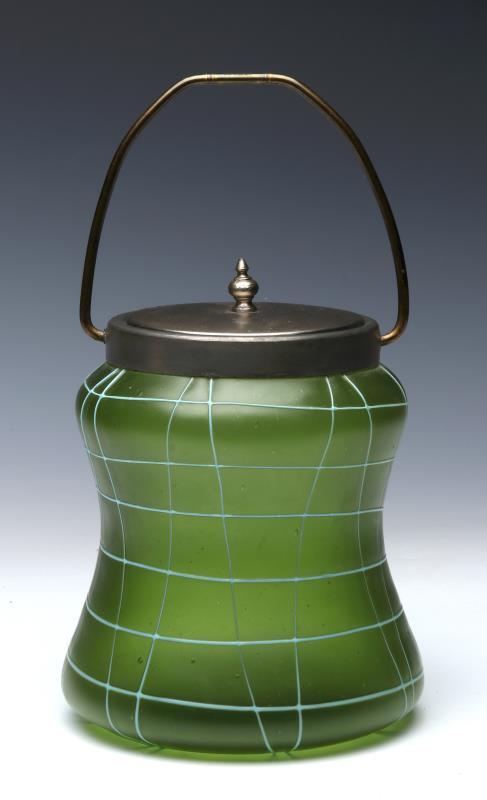 A CIRCA 1900 AUSTRIAN ART GLASS BISCUIT BARREL