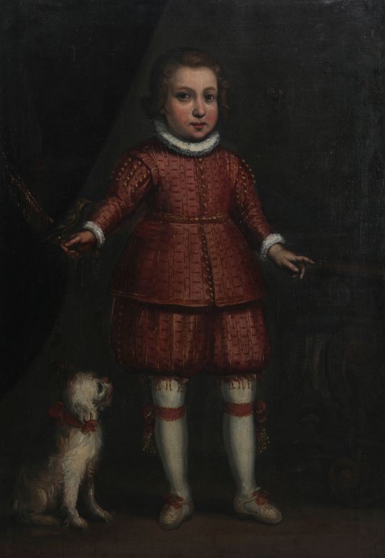 17THC. SPANISH SCHOOL PORTRAIT, BOY W/DOG AND BIRD