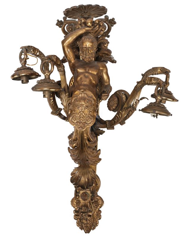 A LARGE FOUR ARM POSEIDON FIGURAL BRONZE SCONCE 